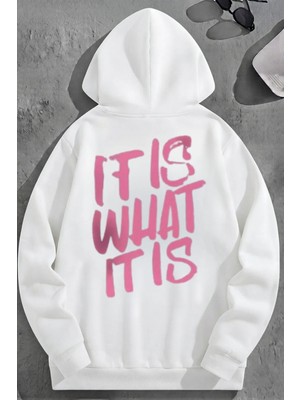 Kozz Style Unisex 3 Iplik Pamuklu Beyaz Itıswhat Baskı Bol Kalıp Sweatshirt Hoodie