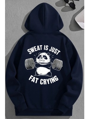 Kozz Style Unisex 3 Iplik Pamuklu Lacivert Fatcrying Baskı Bol Kalıp Sweatshirt Hoodie