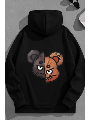 Kozz Style Unisex 3 Iplik Pamuklu Siyah Caricaturesoffaces Bol Kalıp Sweatshirt Hoodie