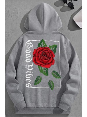 Kozz Style Unisex 3 Iplik Pamuklu Gri Goodvibesrose Baskı Bol Kalıp Sweatshirt Hoodie