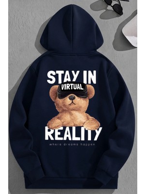 Kozz Style Unisex 3 Iplik Pamuklu Lacivert Stayın Baskı Bol Kalıp Sweatshirt Hoodie