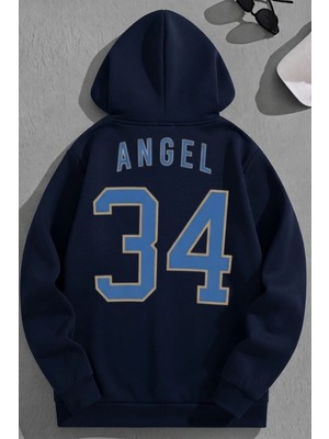 Kozz Style Unisex 3 Iplik Pamuklu Lacivert ANGEL34 Baskı Bol Kalıp Sweatshirt Hoodie