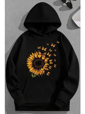 Kozz Style Unisex 3 Iplik Pamuklu Siyah Ayçiçek Baskı Bol Kalıp Sweatshirt Hoodie