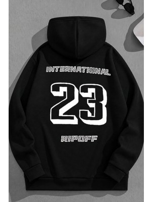 Kozz Style Unisex 3 Iplik Pamuklu Siyah İNTERNATIONAL23 Baskı Bol Kalıp Sweatshirt Hoodie