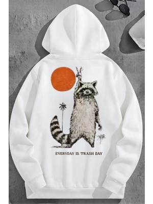Kozz Style Unisex 3 Iplik Pamuklu Beyaz Rakun Baskı Bol Kalıp Sweatshirt Hoodie
