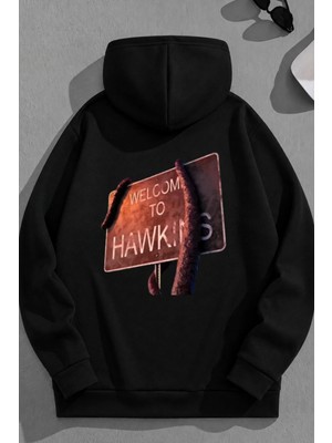 Kozz Style Unisex 3 Iplik Pamuklu Siyah Welcometohawkins Baskı Bol Kalıp Sweatshirt Hoodie