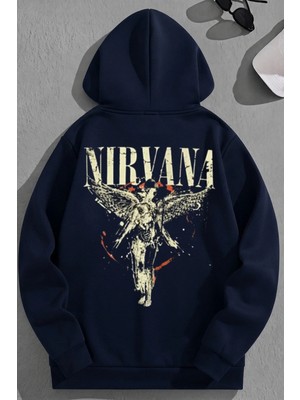 Kozz Style Unisex 3 Iplik Pamuklu Lacivert Nirvana Baskı Bol Kalıp Sweatshirt Hoodie