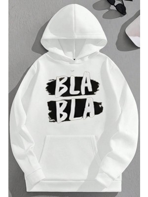 Kozz Style Unisex 3 Iplik Pamuklu Beyaz Blabla Baskı Bol Kalıp Sweatshirt Hoodie