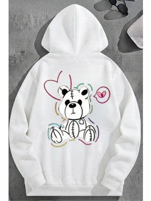 Kozz Style Unisex 3 Iplik Pamuklu Beyaz Sweatbear Baskı Bol Kalıp Sweatshirt Hoodie