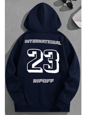 Kozz Style Unisex 3 Iplik Pamuklu Lacivert İNTERNATIONAL23 Baskı Bol Kalıp Sweatshirt Hoodie