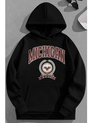 Kozz Style Unisex 3 Iplik Pamuklu Siyah Michigan Baskı Bol Kalıp Sweatshirt Hoodie