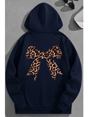 Kozz Style Unisex 3 Iplik Pamuklu Lacivert Leoparkurdele Baskı Bol Kalıp Sweatshirt Hoodie