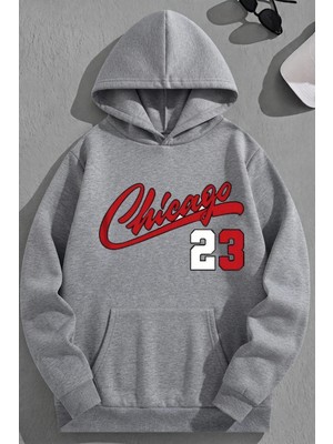 Kozz Style Unisex 3 Iplik Pamuklu Gri CHICAGO23 Baskı Bol Kalıp Sweatshirt Hoodie