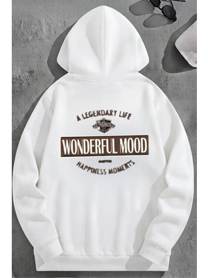 Kozz Style Unisex 3 Iplik Pamuklu Beyaz Wonderfulmood Baskı Bol Kalıp Sweatshirt Hoodie