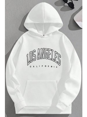 Kozz Style Unisex 3 Iplik Pamuklu Beyaz Losangelesıcıbos Baskı Bol Kalıp Sweatshirt Hoodie