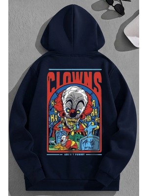 Kozz Style Unisex 3 Iplik Pamuklu Lacivert Clowns Baskı Bol Kalıp Sweatshirt Hoodie