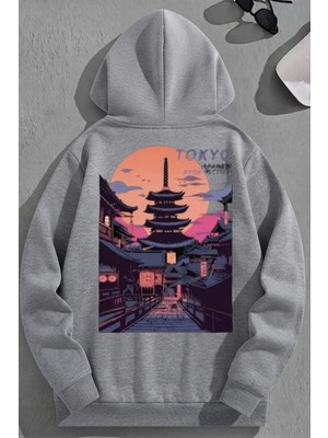 Kozz Style Unisex 3 Iplik Pamuklu Gri Tokyoarchitecture Baskı Bol Kalıp Sweatshirt Hoodie