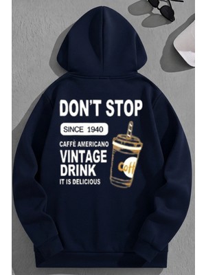 Kozz Style Unisex 3 Iplik Pamuklu Lacivert Vintagedrink Baskı Bol Kalıp Sweatshirt Hoodie