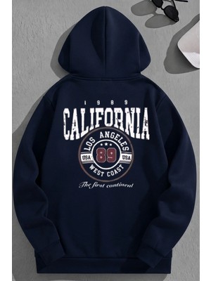 Kozz Style Unisex 3 Iplik Pamuklu Lacivert CALIF89 Bol Kalıp Sweatshirt Hoodie