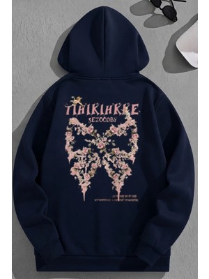 Kozz Style Unisex 3 Iplik Pamuklu Lacivert Thikihkke Baskı Bol Kalıp Sweatshirt Hoodie