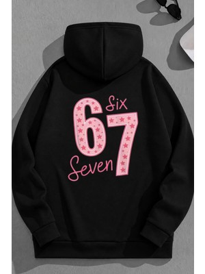 Kozz Style Unisex 3 Iplik Pamuklu Siyah 67SIXSEVEN Baskı Bol Kalıp Sweatshirt Hoodie