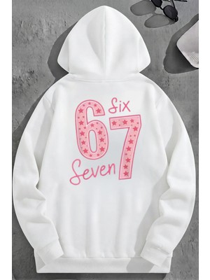 Kozz Style Unisex 3 Iplik Pamuklu Beyaz 67SIXSEVEN Baskı Bol Kalıp Sweatshirt Hoodie