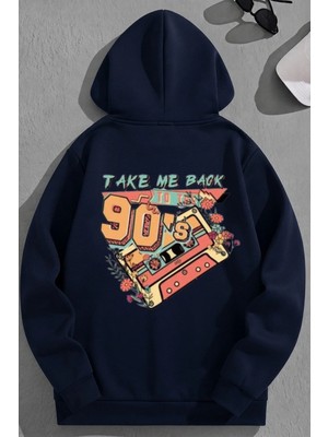 Kozz Style Unisex 3 Iplik Pamuklu Lacivert TAKEME90S Baskı Bol Kalıp Sweatshirt Hoodie