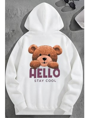 Kozz Style Unisex 3 Iplik Pamuklu Beyaz Hello Bol Kalıp Sweatshirt Hoodie