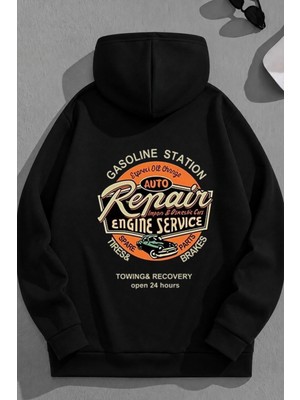 Kozz Style Unisex 3 Iplik Pamuklu Siyah Repaires Baskı Bol Kalıp Sweatshirt Hoodie