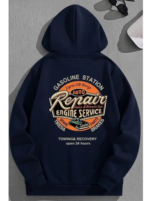 Kozz Style Unisex 3 Iplik Pamuklu Lacivert Repaires Baskı Bol Kalıp Sweatshirt Hoodie