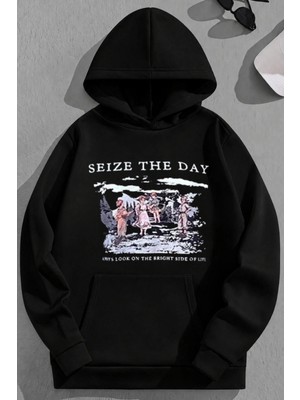 Kozz Style Unisex 3 Iplik Pamuklu Siyah Seizetheday Baskı Bol Kalıp Sweatshirt Hoodie