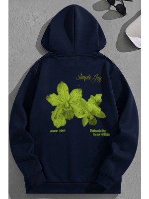 Kozz Style Unisex 3 Iplik Pamuklu Lacivert Simplejoy Baskı Bol Kalıp Sweatshirt Hoodie