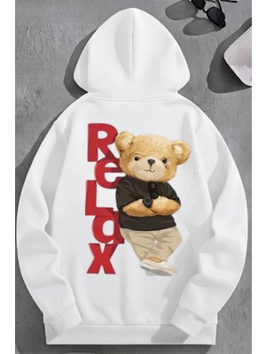 Kozz Style Unisex 3 Iplik Pamuklu Beyaz Relaxbear Baskı Bol Kalıp Sweatshirt Hoodie