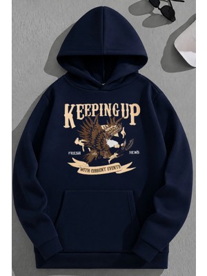 Kozz Style Unisex 3 Iplik Pamuklu Lacivert Keepingup Baskı Bol Kalıp Sweatshirt Hoodie