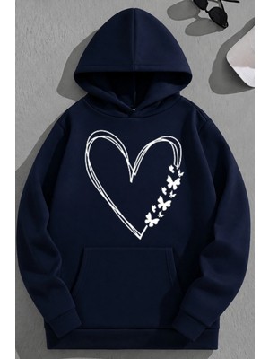 Kozz Style Unisex 3 Iplik Pamuklu Lacivert Kalplikelebek Baskı Bol Kalıp Sweatshirt Hoodie