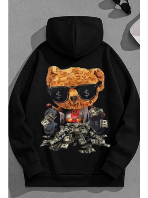 Kozz Style Unisex 3 Iplik Pamuklu Siyah Richbear Baskı Bol Kalıp Sweatshirt Hoodie