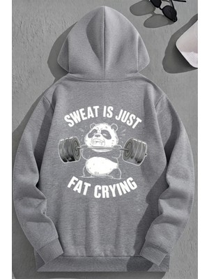 Kozz Style Unisex 3 Iplik Pamuklu Gri Fatcrying Baskı Bol Kalıp Sweatshirt Hoodie