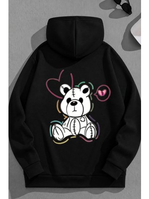 Kozz Style Unisex 3 Iplik Pamuklu Siyah Sweatbear Baskı Bol Kalıp Sweatshirt Hoodie