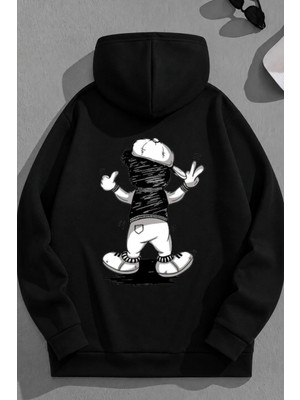 Kozz Style Unisex 3 Iplik Pamuklu Siyah Şapkalıbear Baskı Bol Kalıp Sweatshirt Hoodie
