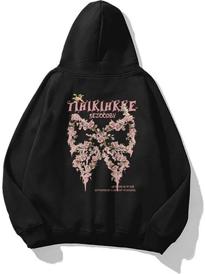 Kozz Style Unisex 3 Iplik Pamuklu Siyah Thikihkke Baskı Bol Kalıp Sweatshirt Hoodie