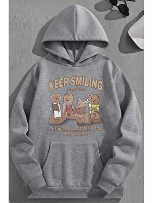 Kozz Style Unisex 3 Iplik Pamuklu Gri Keepsmiling Baskı Bol Kalıp Sweatshirt Hoodie