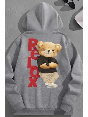 Kozz Style Unisex 3 Iplik Pamuklu Gri Relaxbear Baskı Bol Kalıp Sweatshirt Hoodie