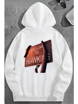 Kozz Style Unisex 3 Iplik Pamuklu Beyaz Welcometohawkins Baskı Bol Kalıp Sweatshirt Hoodie