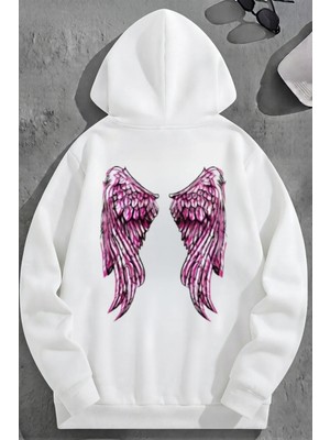 Kozz Style Unisex 3 Iplik Pamuklu Beyaz Pairofwing Baskı Bol Kalıp Sweatshirt Hoodie