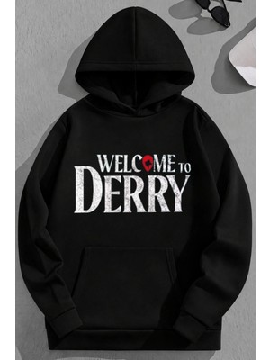 Kozz Style Unisex 3 Iplik Pamuklu Siyah Welcometoderry Baskı Bol Kalıp Sweatshirt Hoodie