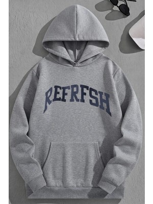 Kozz Style Unisex 3 Iplik Pamuklu Gri Refresh Baskı Bol Kalıp Sweatshirt Hoodie