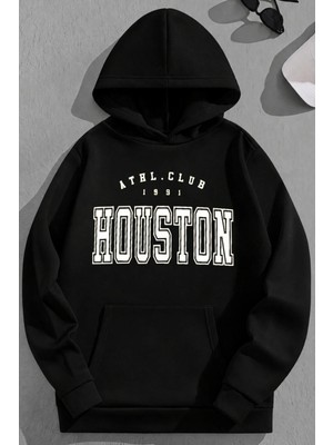 Kozz Style Unisex 3 Iplik Pamuklu Siyah Houstonac Baskı Bol Kalıp Sweatshirt Hoodie