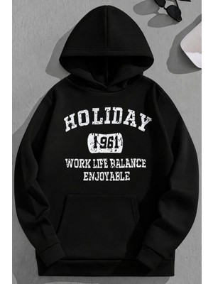 Kozz Style Unisex 3 Iplik Pamuklu Siyah Holiday Baskı Bol Kalıp Sweatshirt Hoodie