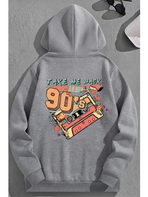 Kozz Style Unisex 3 Iplik Pamuklu Gri TAKEME90S Baskı Bol Kalıp Sweatshirt Hoodie
