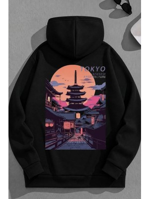 Kozz Style Unisex 3 Iplik Pamuklu Siyah Tokyoarchitecture Baskı Bol Kalıp Sweatshirt Hoodie